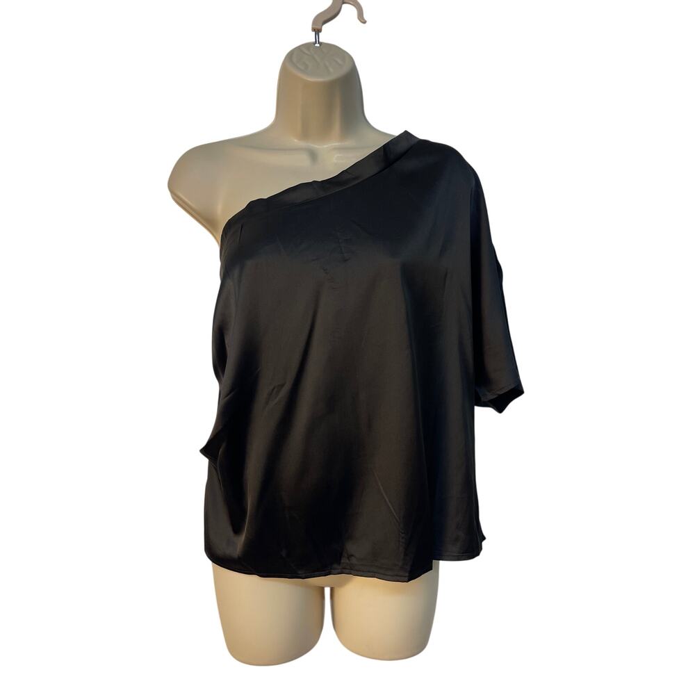 SHEIN Women's One Shoulder Short Sleeve Silky Feel Top Color Black Size L